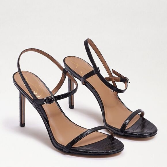 Revolve Sam Edelman Doran Black Croc Embossed Vegan Leather Strappy Sandal Heels - Picture 1 of 12